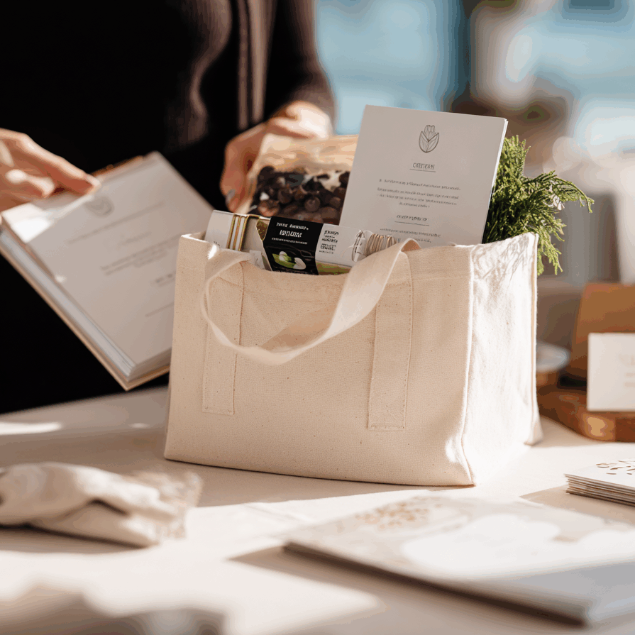 Création de cadeaux sur-mesure par Folk & Curious : une femme arrange avec soin un sac d'accueil en toile rempli d'attentions (carnet, produits artisanaux, papeterie) pour les participants d'un événement professionnel.