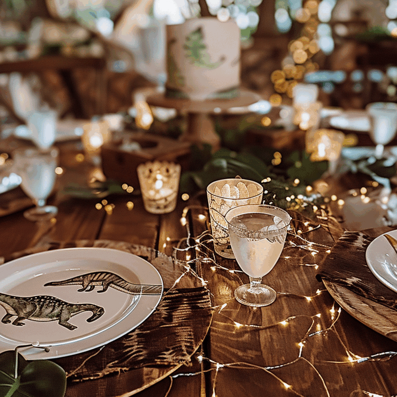 Gros plan sur une table d'anniversaire chic sur le thème des dinosaures, dressée avec des assiettes illustrées, des bougies et des guirlandes lumineuses pour une ambiance chaleureuse.