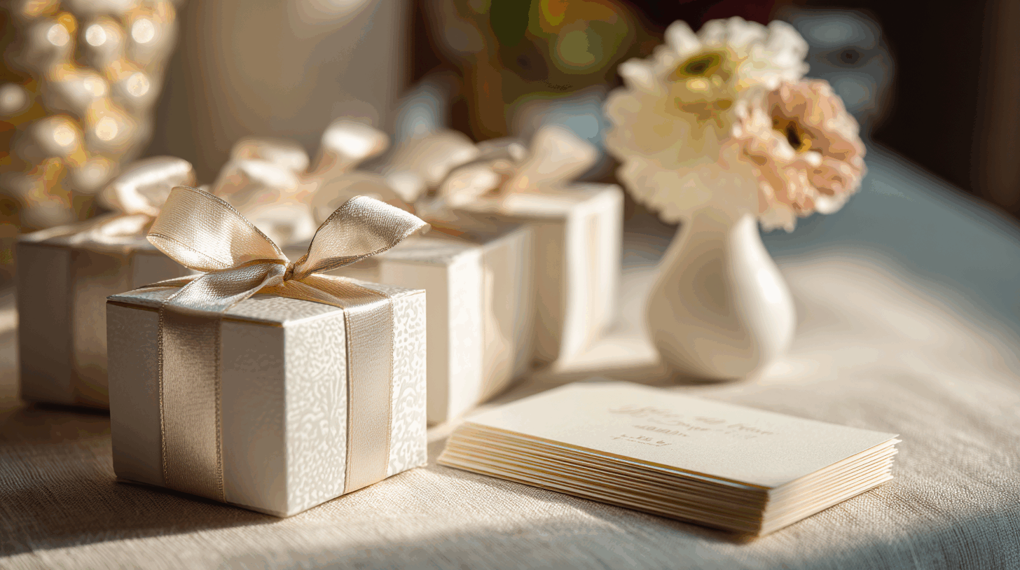 Scène de cadeaux d'invités raffinés pour un mariage ou un événement. Des boîtes cadeaux personnalisées avec des rubans de satin sont disposées sur une table en lin, à côté d'un vase de fleurs délicates et de cartons de remerciement. L'ambiance est douce et chaleureuse.