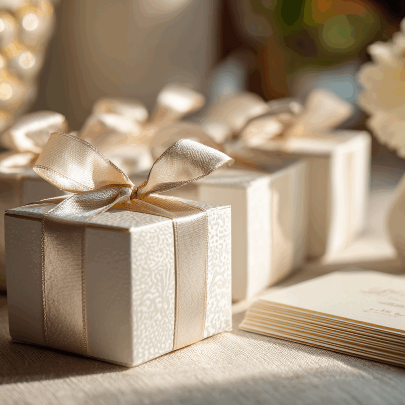 Scène de cadeaux d'invités raffinés pour un mariage ou un événement. Des boîtes cadeaux personnalisées avec des rubans de satin sont disposées sur une table en lin, à côté d'un vase de fleurs délicates et de cartons de remerciement. L'ambiance est douce et chaleureuse.