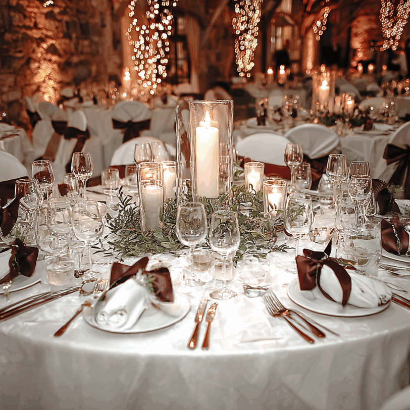 Décoration de table pour une réception de mariage chic et romantique. Dans une salle de réception rustique avec des murs en pierre, une table ronde est élégamment dressée avec un centre de table de bougies et de feuillage. L'ambiance magique et chaleureuse est créée par des guirlandes lumineuses en arrière-plan, sublimant une décoration aux tons blanc et bordeaux.
