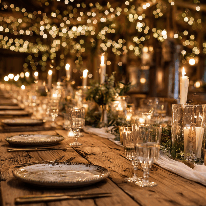 Table de banquet rustique et élégante pour un événement mémorable, éclairée par des bougies et des guirlandes lumineuses pour une ambiance chaleureuse et fédératrice.