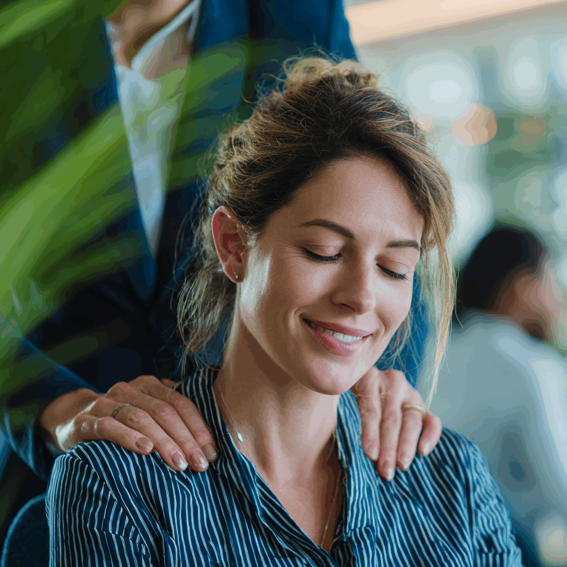 Animation bien-être et feel-good pour séminaire d'entreprise. Une collaboratrice profite d'un massage assis relaxant, un service dédié à la gestion du stress et au bien-être des équipes sur le lieu de travail.