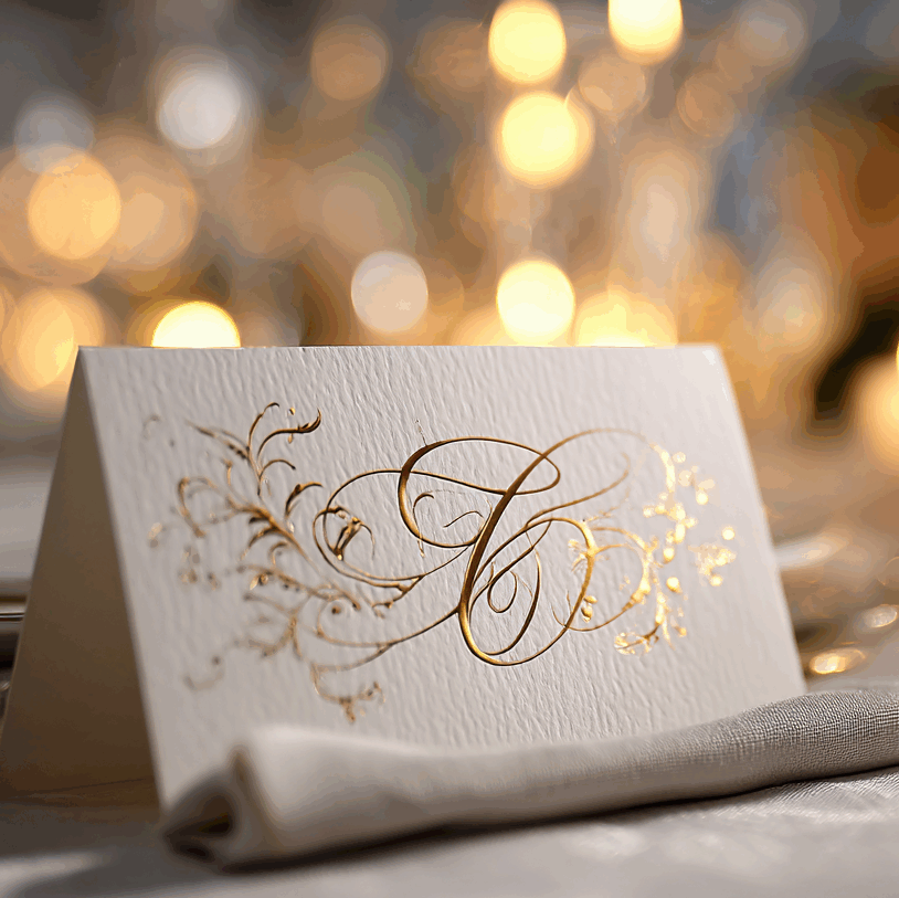 Papeterie de luxe pour événementiel : un carton de placement en papier texturé avec un monogramme en dorure à chaud, sur une nappe blanche. L'arrière-plan en bokeh chaud montre une décoration de table de fête avec des bougies et des fleurs.