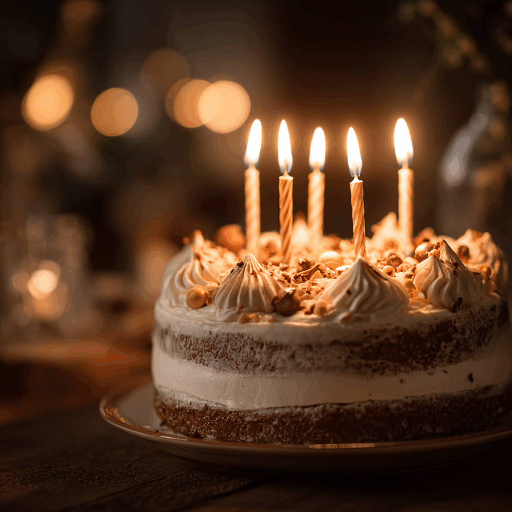 Gros plan sur un gâteau d'anniversaire artisanal avec cinq bougies allumées, posé sur une table en bois dans une ambiance chaleureuse et intime.