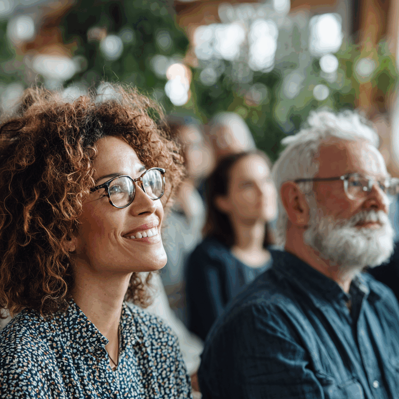 Séminaire d'entreprise inspirant et fédérateur. Une audience de professionnels divers et attentifs participe à une convention. Gros plan sur une collaboratrice souriante et engagée, reflétant une expérience de formation positive et réussie.