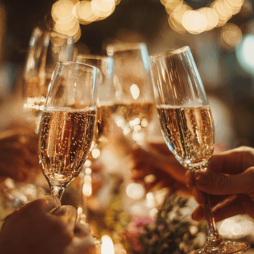 Célébration d'un succès lors d'une soirée d'entreprise ou d'un événement privé. Gros plan sur des invités qui trinquent avec des coupes de champagne, créant un moment de partage convivial. L'ambiance est festive et chic, avec des lumières chaleureuses en arrière-plan.