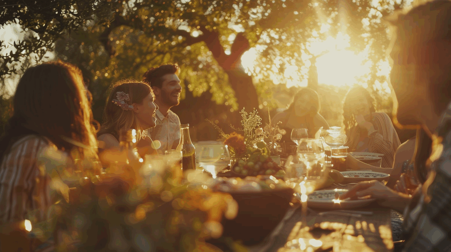 Groupe d'amis profitant d'un dîner en plein air au coucher du soleil dans un jardin. La table est dressée avec de la nourriture et des boissons, et l'ambiance est conviviale et détendue grâce à la lumière dorée.
