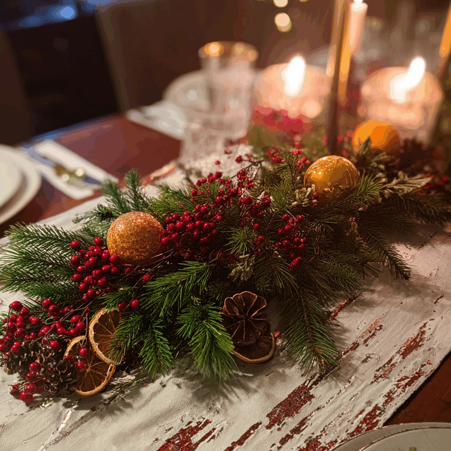 Détail de la décoration d'une table de Noël par Folk & Curious : un centre de table naturel composé de sapin et de boules traditionnelles rouges et or sur un chemin de table chaleureux.