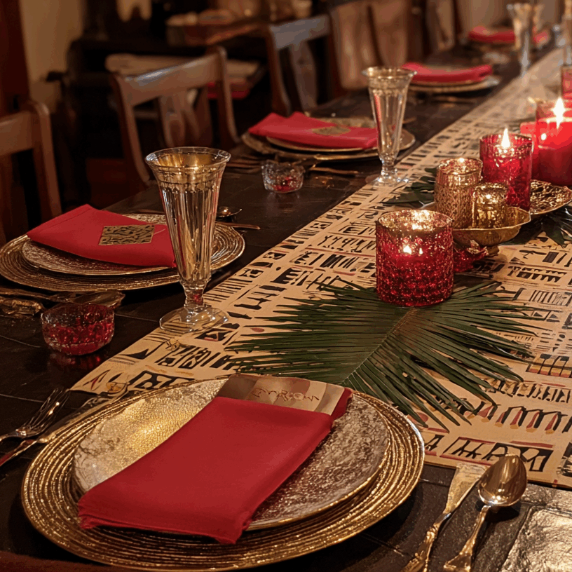 Scénographie d'une table d'anniversaire thématique par Folk & Curious : une longue table dressée dans un style Égypte antique avec des sets de table rouges, des feuilles de palmier dorées et un chemin de table à hiéroglyphes.