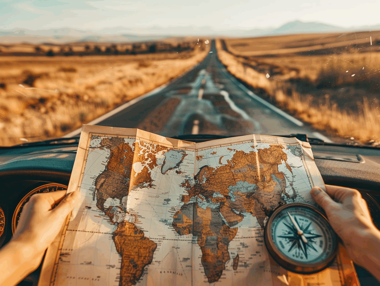 Métaphore de l'adaptabilité en événementiel : une personne planifie son parcours avec une carte et une boussole, prête à naviguer sur une longue route ouverte vers l'aventure.