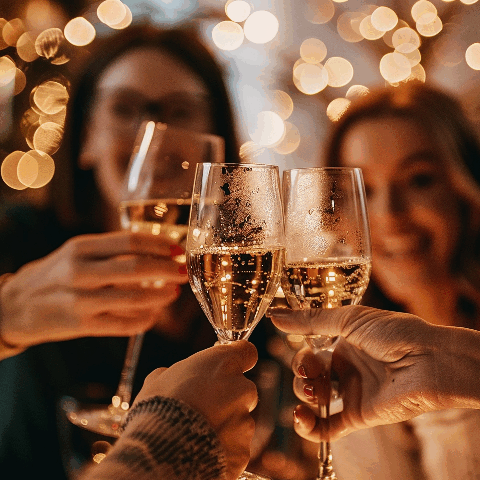 Moment fort d'un événement d'entreprise organisé par Folk&Curious : des convives trinquent avec des coupes de champagne dans une ambiance chaleureuse et festive, illuminée par des lumières dorées.