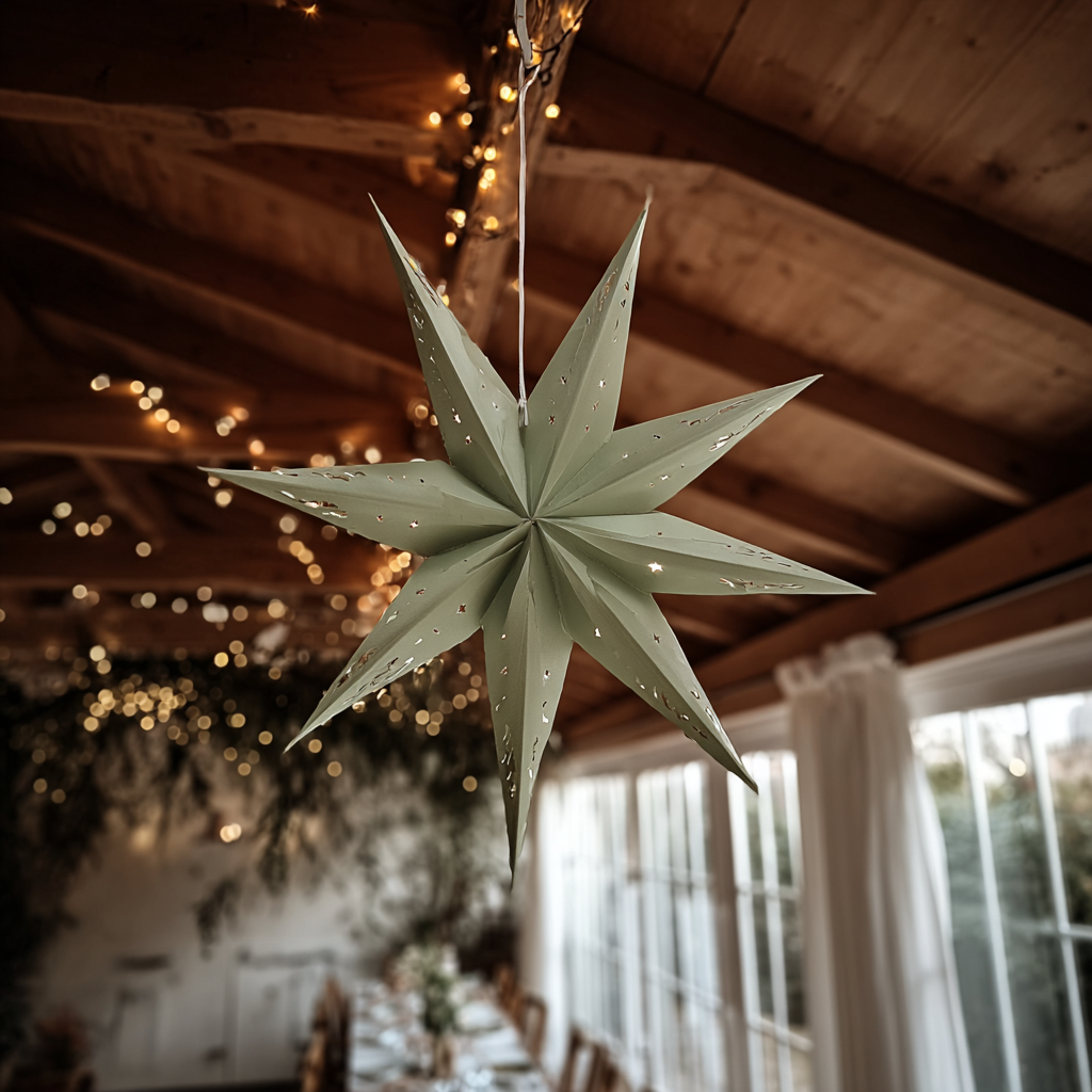 Folk&Curious : décoration d'événements pour les fêtes. Étoile de Noël en papier suspendue dans une salle de réception rustique.