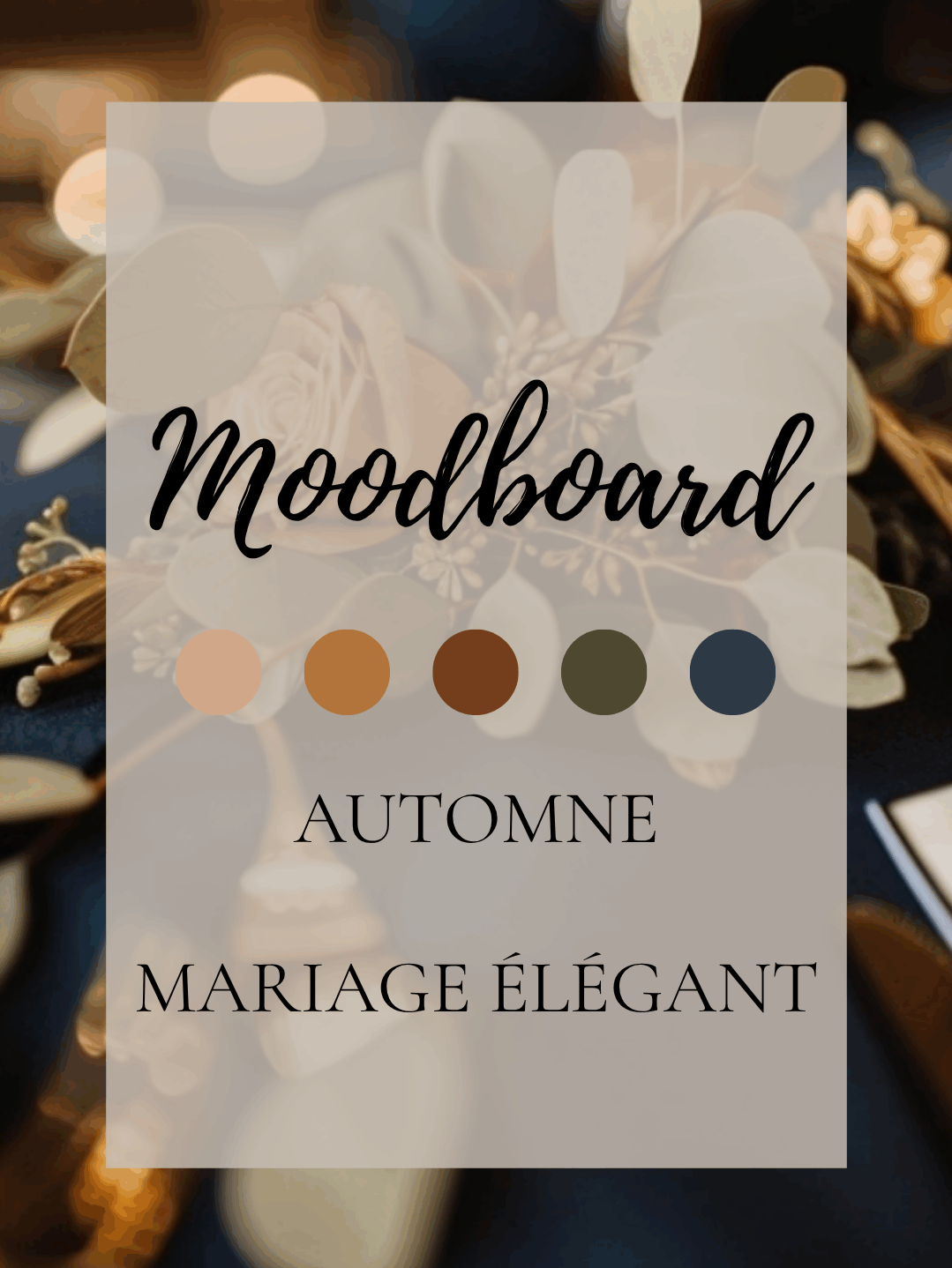 Moodboard d'inspiration pour un mariage élégant d'automne, présentant une palette de couleurs sophistiquée avec des tons terracotta, cuivre, vert olive et bleu nuit, sur une photo floue d'un bouquet de mariée