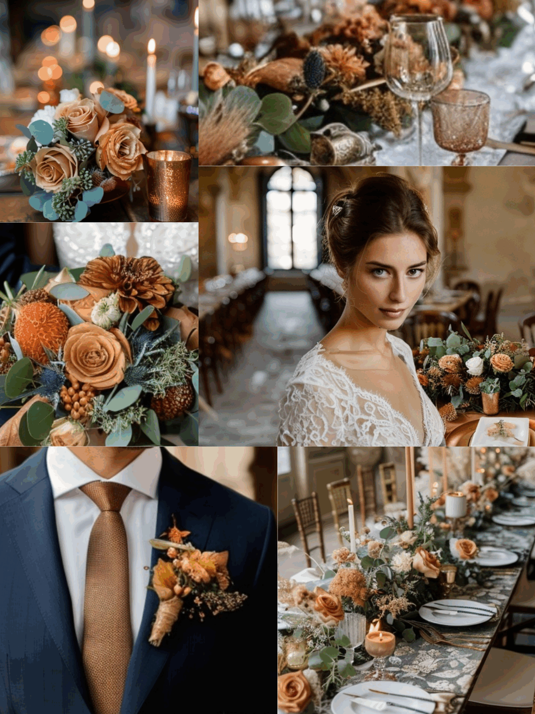 Folk&Curious : Moodboard pour mariage élégant. Palette de couleurs pour un thème d'automne avec bouquet d'eucalyptus.