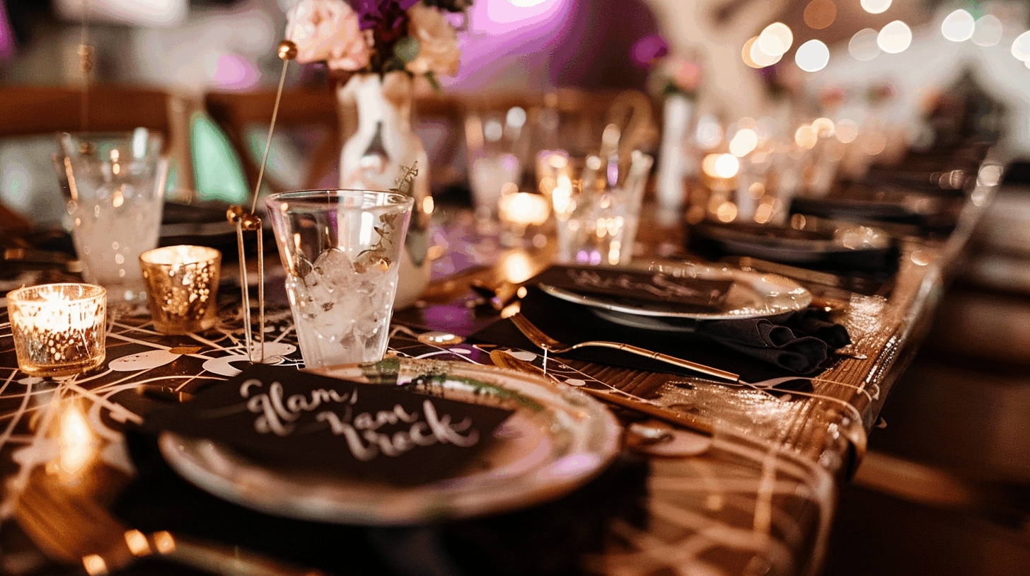 Folk&Curious : décoration de soirée privée. Table de dîner glamour avec couverts dorés, bougies et papeterie personnalisée.