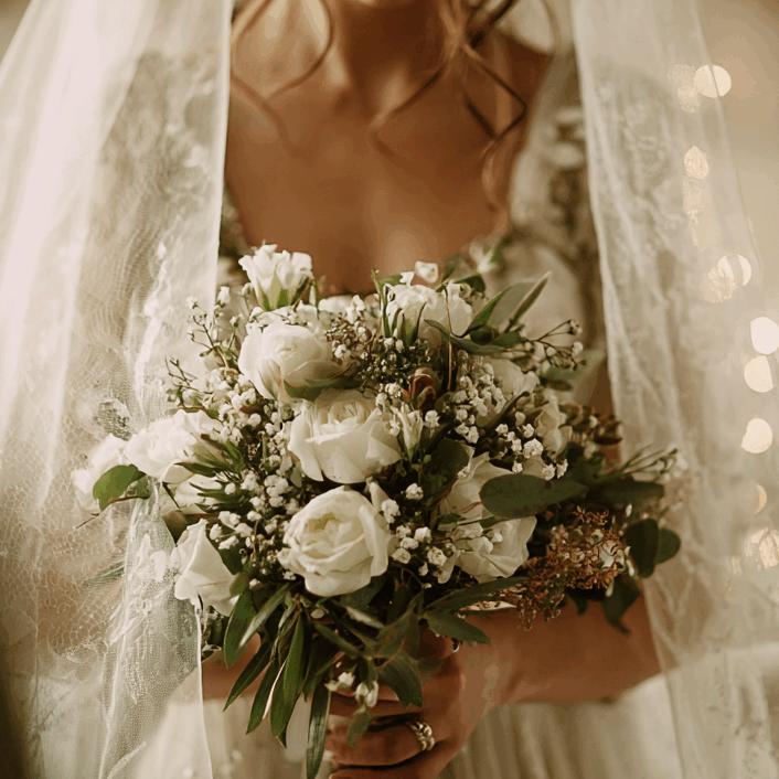 Folk&Curious : création florale pour mariage. Gros plan sur un bouquet de mariée avec des roses blanches et du gypsophile.