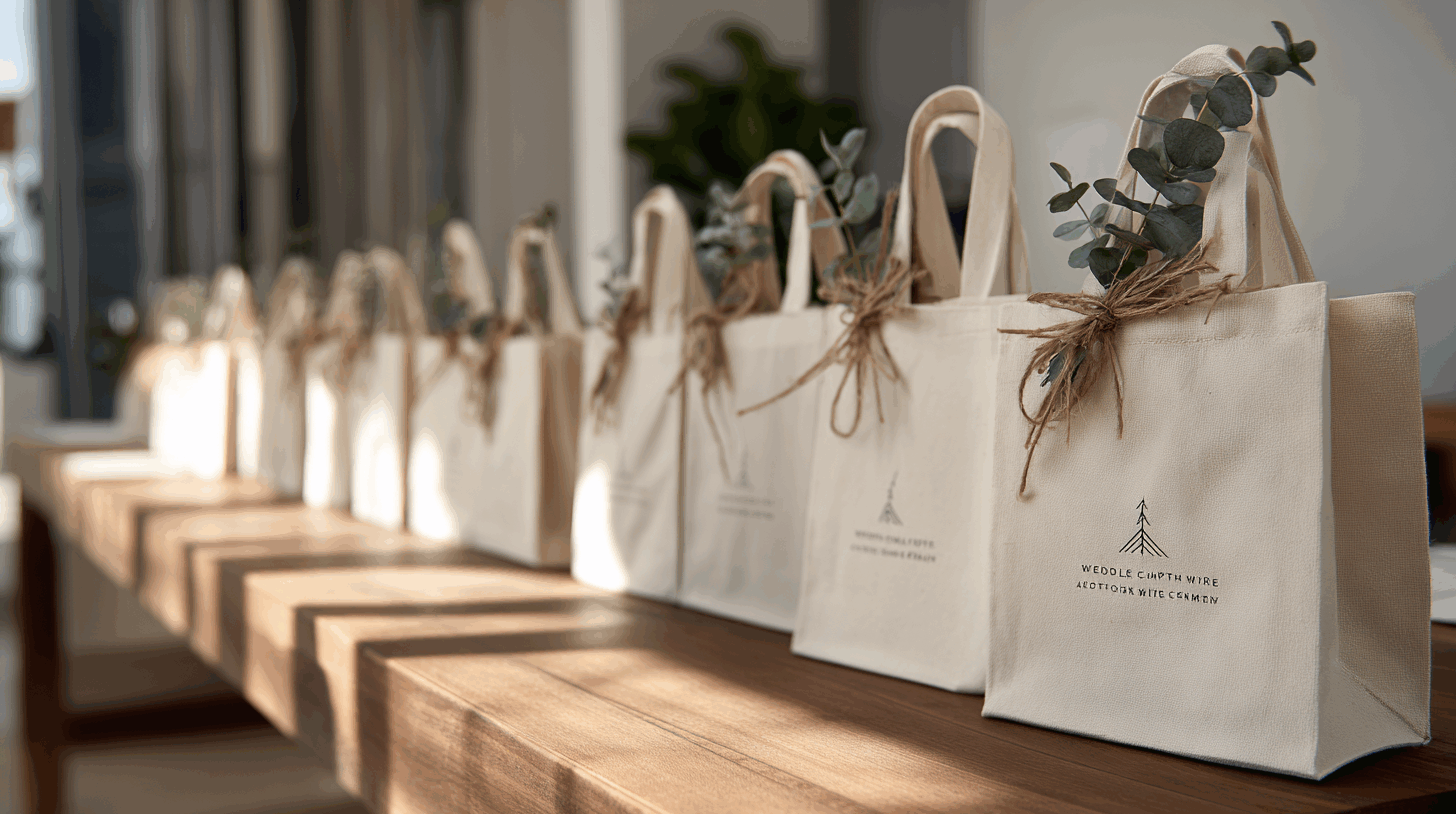 Folk&Curious : cadeaux d'invités pour séminaire. Welcome bags en toile personnalisés, décorés d'eucalyptus.