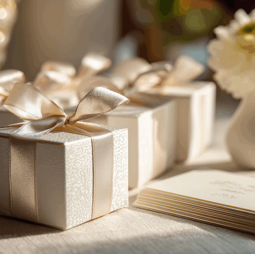 Folk&Curious : cadeaux d'invités. Boîtes cadeaux élégantes avec rubans en satin sur une table de réception.