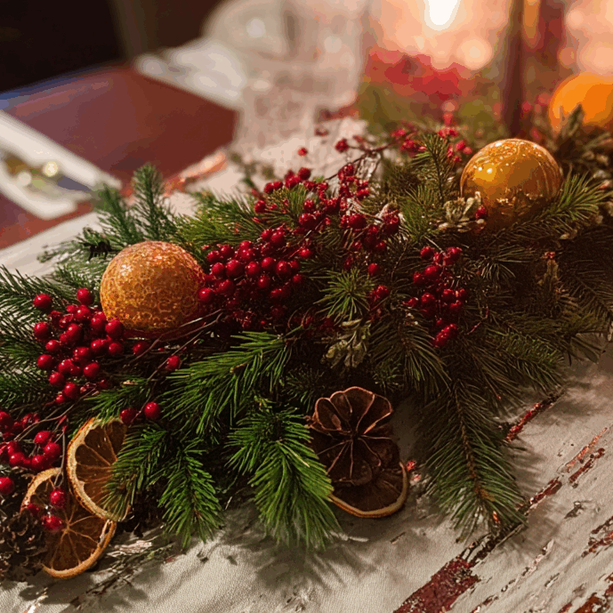 Folk&Curious : décoration de table de Noël. Centre de table festif avec branches de sapin, baies rouges et oranges séchées.