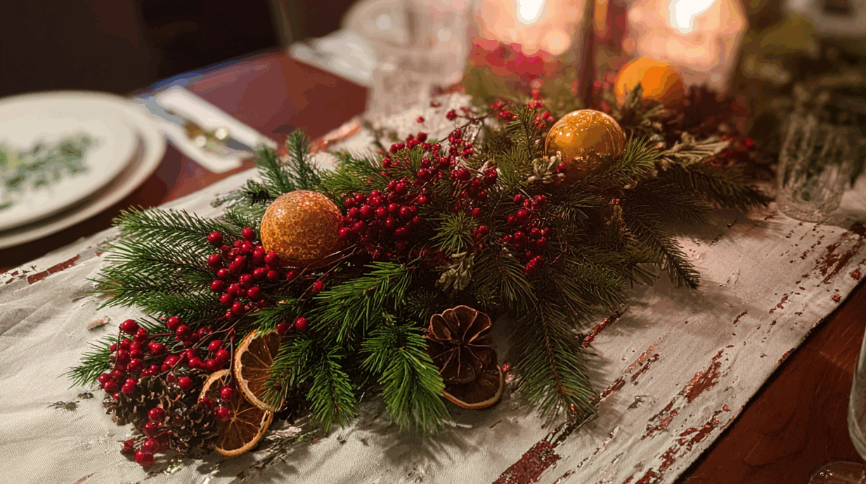 Folk&Curious : décoration de table de Noël. Centre de table festif avec branches de sapin, baies rouges et oranges séchées.