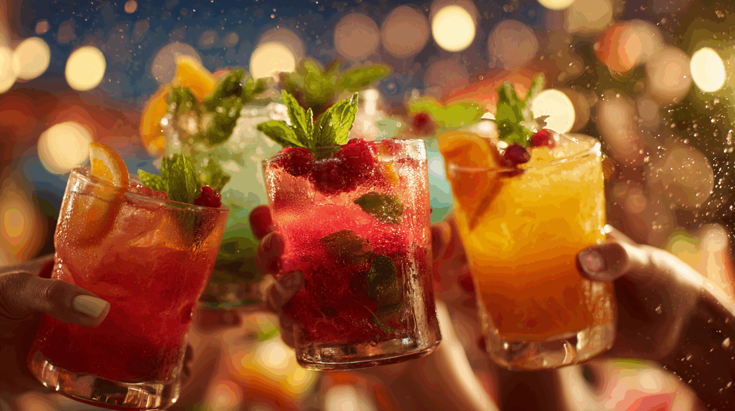 Folk&Curious : bar à cocktails pour événement privé. Mains trinquant avec des cocktails colorés aux fruits frais lors d'une soirée.