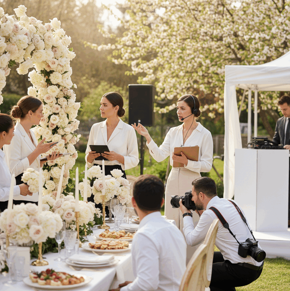 Wedding planner de Folk & Curious en pleine coordination d'un mariage en plein air.