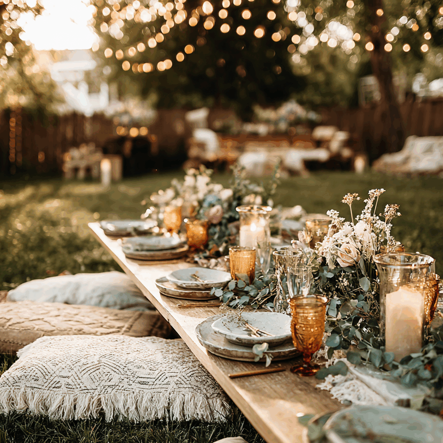 Folk&Curious : décoration bohème. Table basse en bois dressée dans un jardin pour un événement champêtre avec coussins et guirlandes.