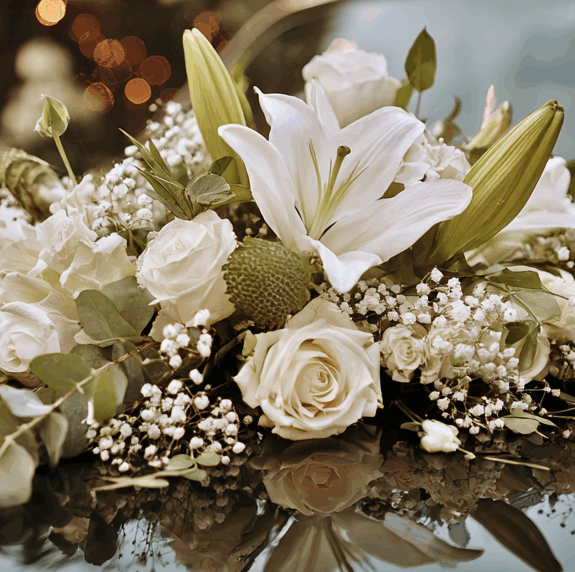Folk&Curious : décoration de voiture pour mariage. Composition florale élégante avec des roses et des lys blancs.