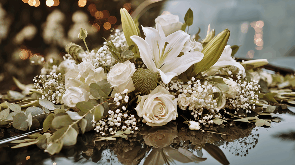 Folk&Curious : décoration de voiture pour mariage. Composition florale élégante avec des roses et des lys blancs.