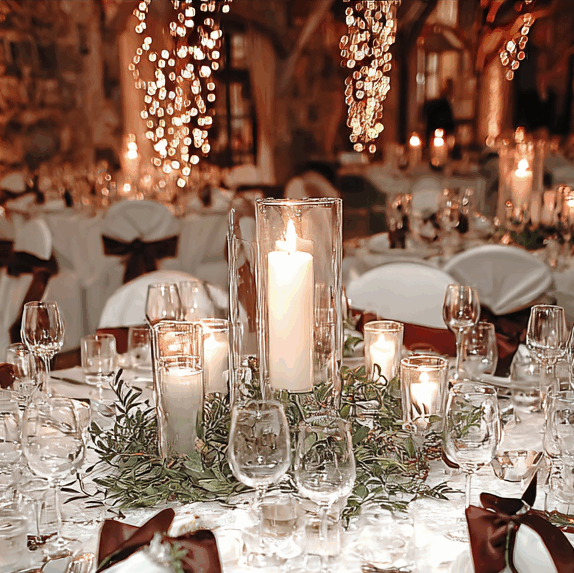 Folk&Curious : décoration de table pour mariage. Table ronde élégante dans une salle en pierre avec un centre de table aux bougies.