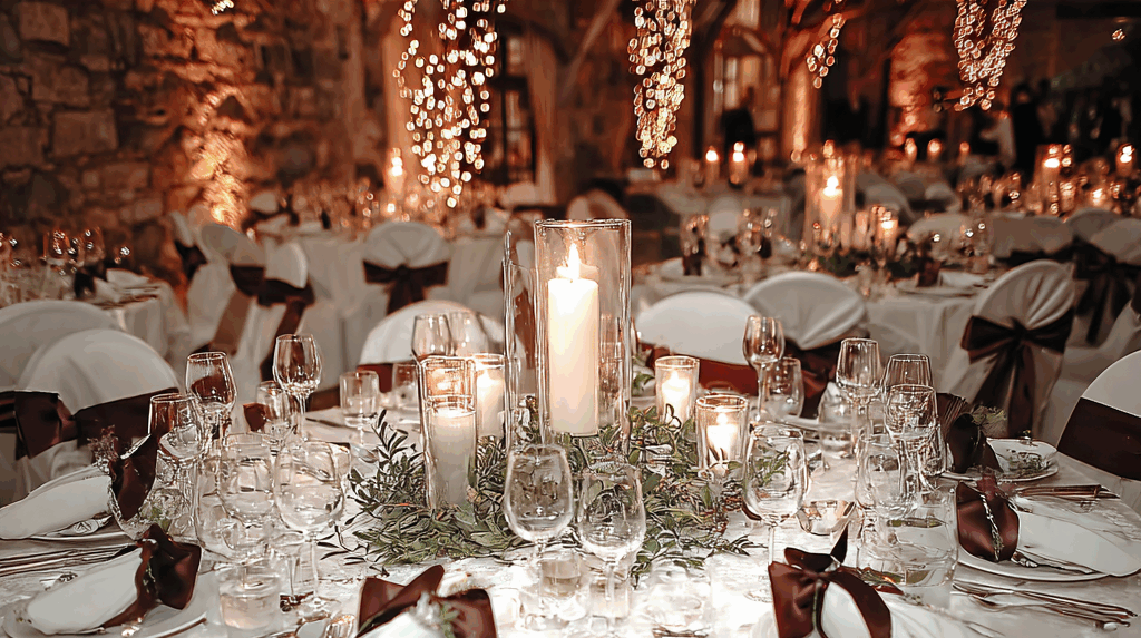 Folk&Curious : décoration de table pour mariage. Table ronde élégante dans une salle en pierre avec un centre de table aux bougies.
