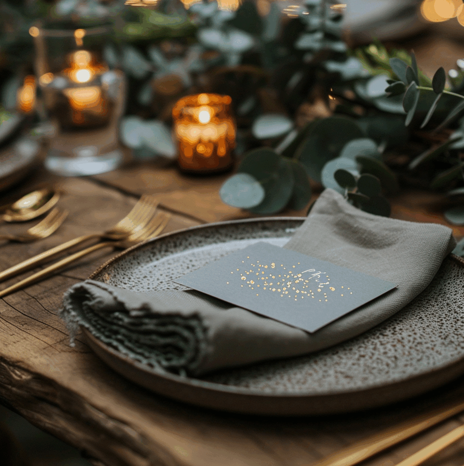 Folk&Curious : art de la table. Place dressée sur table en bois avec assiette en grès, couverts dorés et carte de menu.