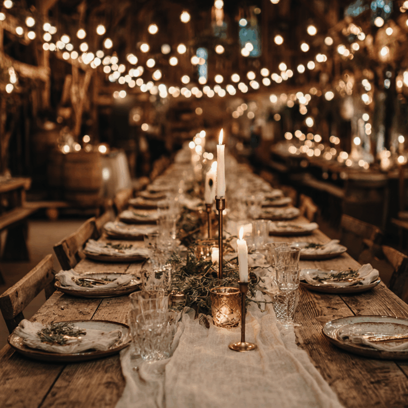 Folk&Curious : organisation de mariage rustique. Grande tablée en bois dans une grange illuminée de guirlandes et de bougies.