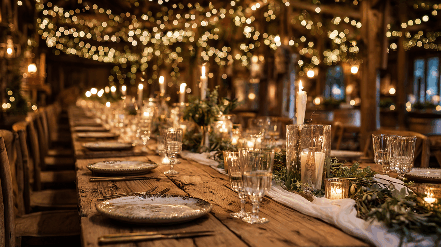 Folk&Curious : décoration pour dîner de gala et mariage. Table de réception en bois avec chemin de table végétal et ambiance lumineuse.