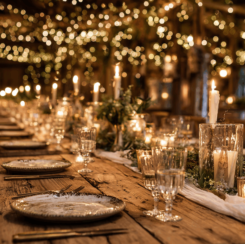 Folk&Curious : décoration pour dîner de gala et mariage. Table de réception en bois avec chemin de table végétal et ambiance lumineuse.