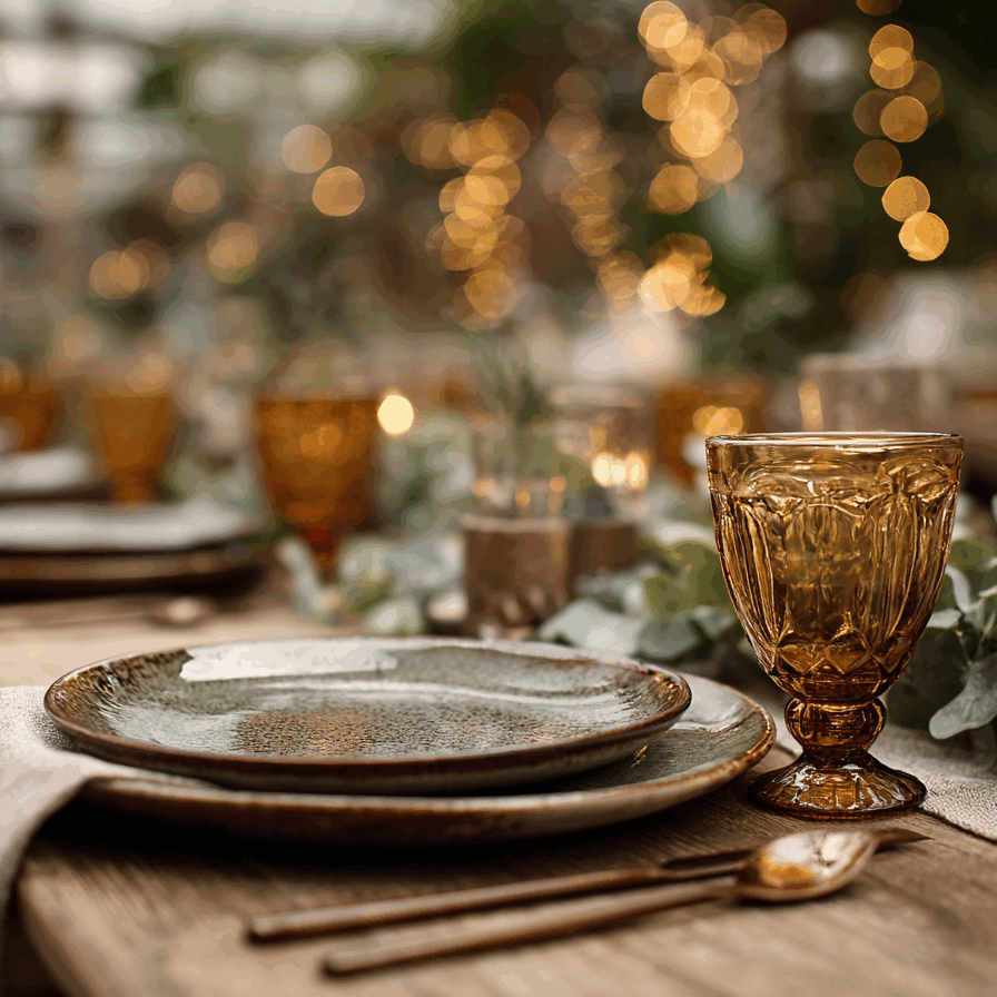 Folk&Curious : art de la table pour mariage et événement privé. Table en bois décorée avec de la vaisselle en grès et des guirlandes lumineuses.