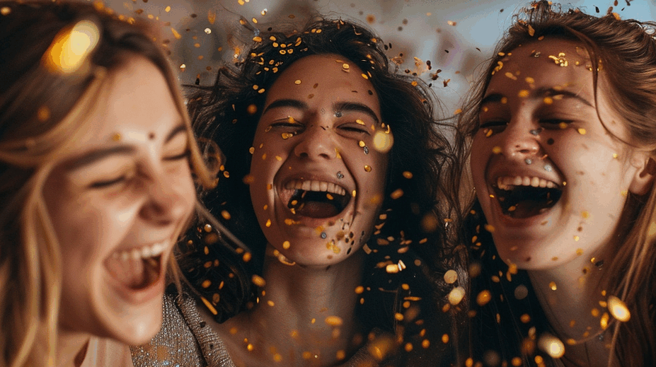 Folk&Curious : organisation d'événements privés et anniversaires. Amies qui rient aux éclats sous une pluie de confettis dorés.