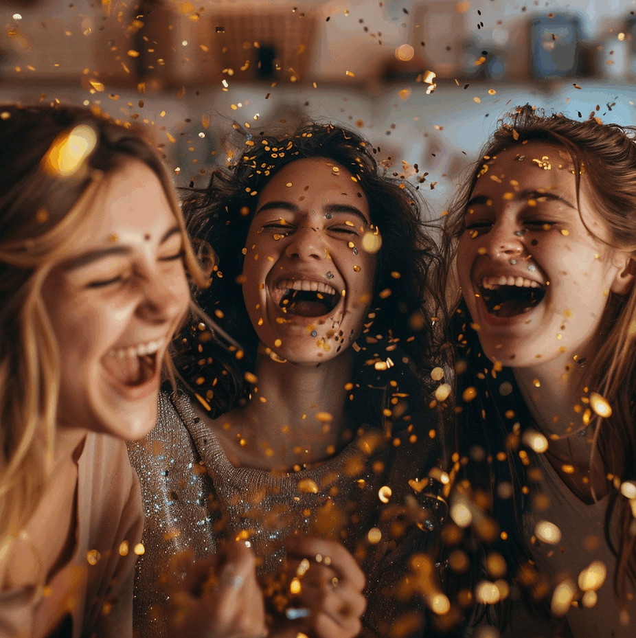 Folk&Curious : organisation d'événements privés et anniversaires. Amies qui rient aux éclats sous une pluie de confettis dorés.