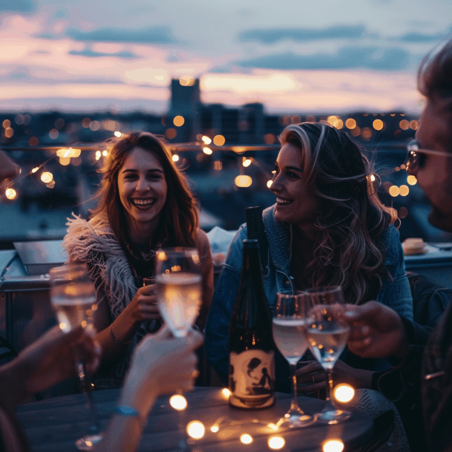 Folk&Curious : organisation de soirée privée sur un rooftop. Amis souriants buvant du champagne au coucher du soleil.