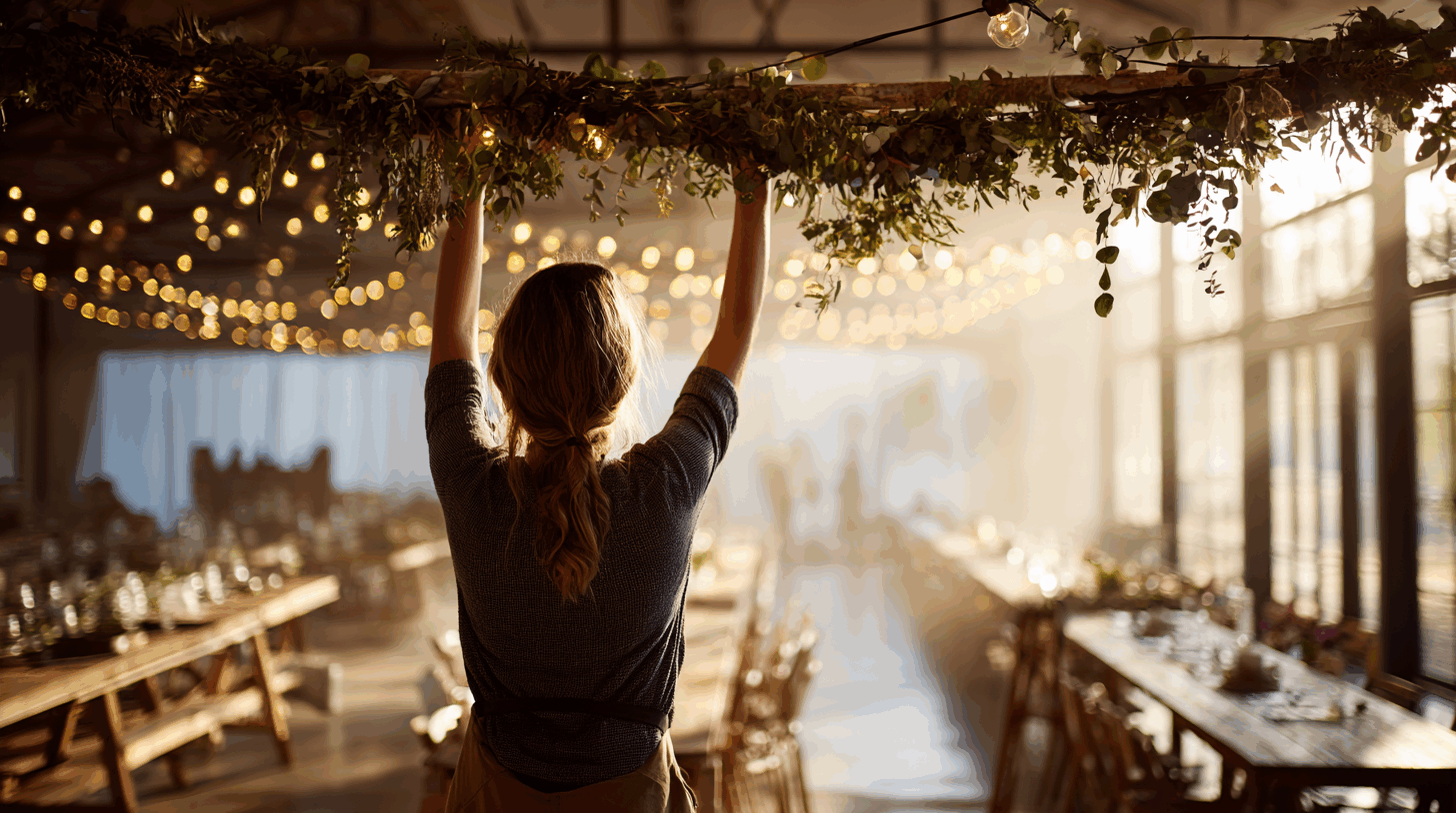 Folk&Curious : scénographie et décoration d'événements. Installation d'une suspension florale dans une salle de réception.