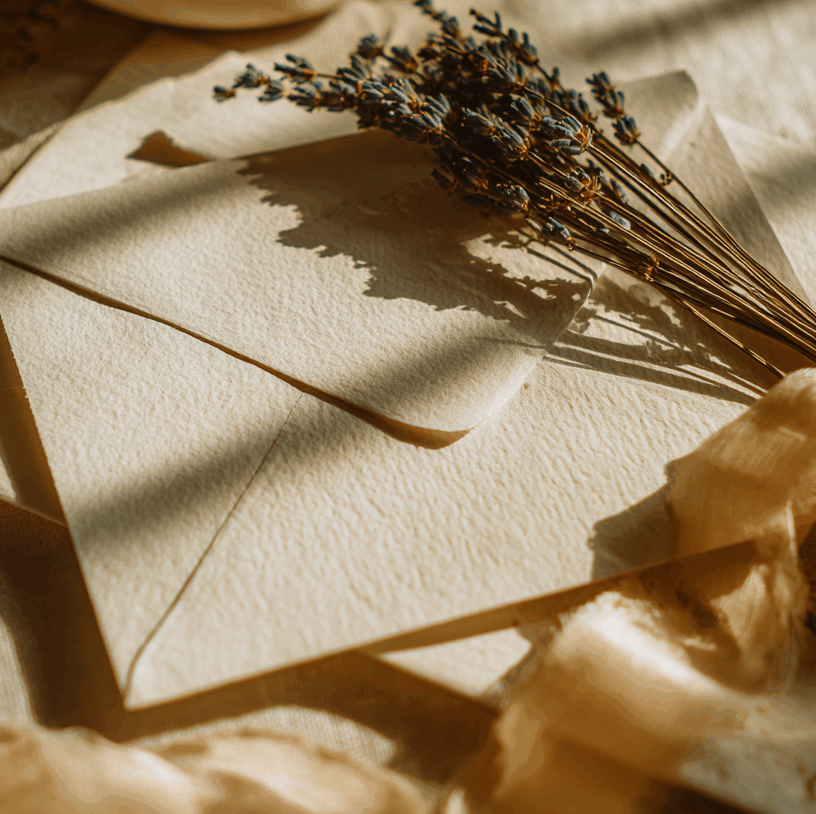 Folk&Curious : faire-part artisanaux. Enveloppes en papier texturé avec un bouquet de lavande séchée.