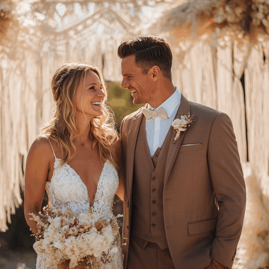 Folk&Curious : organisation de mariage bohème. Couple de mariés souriant devant une arche décorée d'herbe de la pampa.