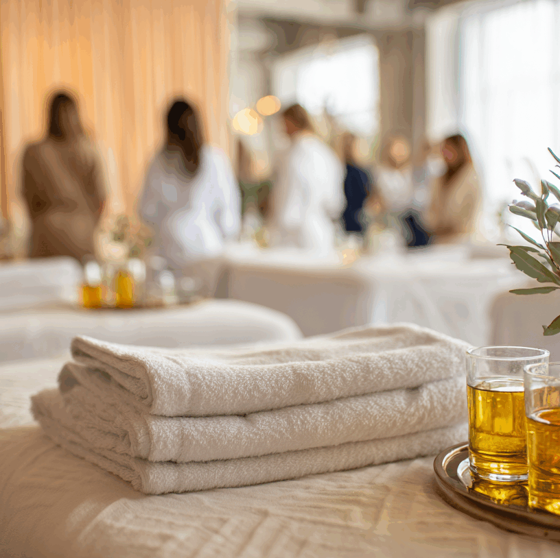 Folk&Curious : organisation d'un atelier massage. Table de massage avec serviettes et huiles, prête pour un cours de bien-être.