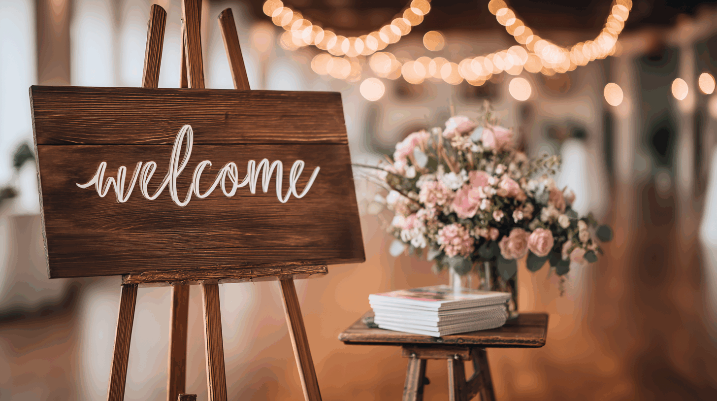 Folk&Curious : signalétique pour événement d'entreprise. Panneau d'accueil en bois "Welcome" sur un chevalet à l'entrée d'une réception.