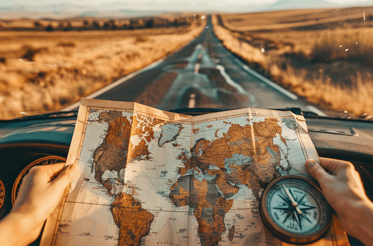 Folk&Curious : Wendy est une organisatrice tout-terrain. Préparation d'un road trip avec une carte du monde et une boussole.