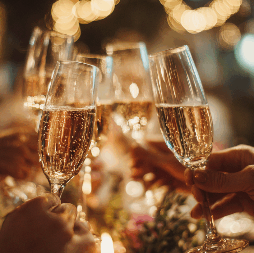 Folk&Curious : soirée d'entreprise. Invités qui trinquent avec des coupes de champagne lors d'une célébration.