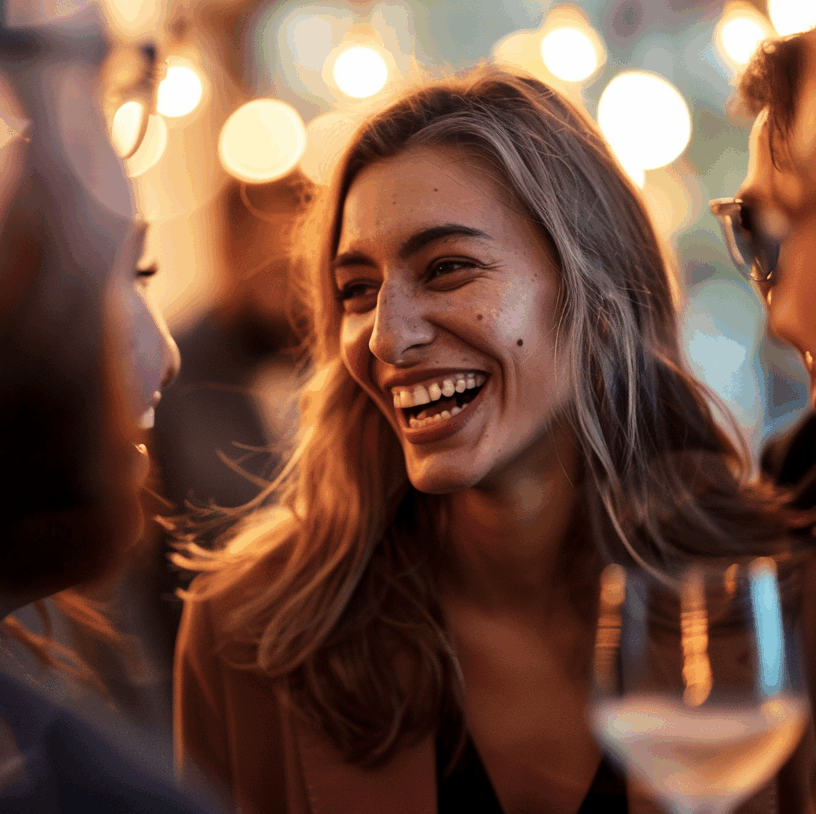 Folk&Curious : cocktail d'entreprise et soirée festive. Femme riant aux éclats avec ses collègues dans une ambiance lumineuse.