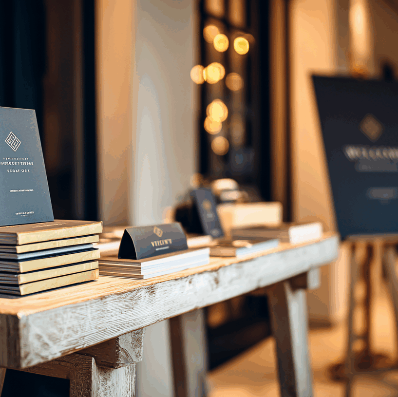 Folk&Curious : accueil de séminaire d'entreprise. Programmes et signalétique de bienvenue disposés sur un banc en bois.