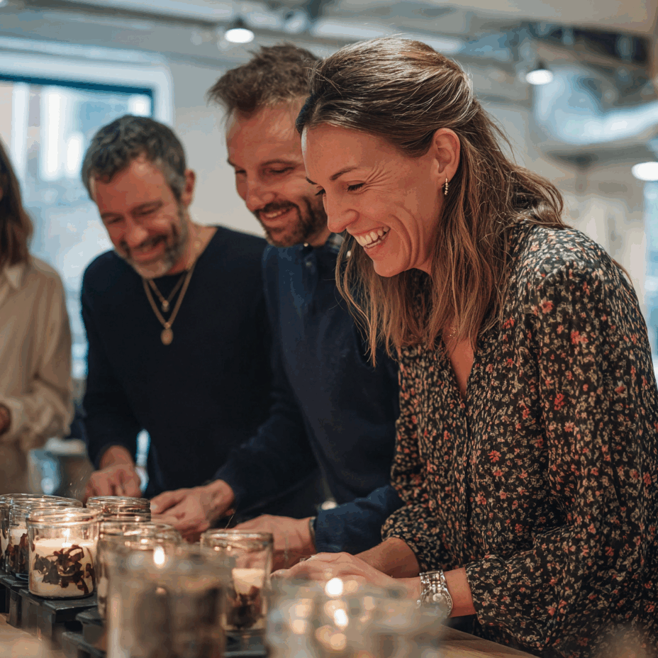 Folk&Curious : atelier créatif et team building. Groupe souriant participant à un cours de création de bougies.